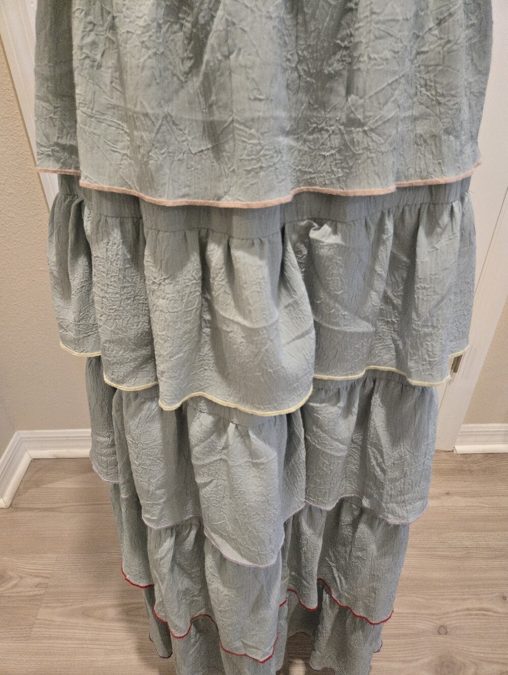 Aqua Tiered Off-Shoulder Maxi Dress, Sage With Multi Color Hem Thread, Size Med - Picture 3 of 10